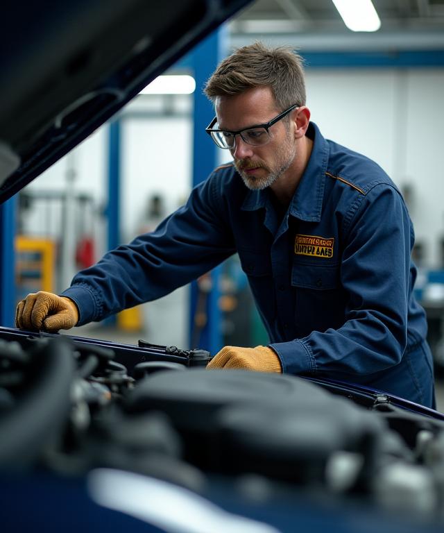 A certified Outback Auto Hub technician working on a car engine.
