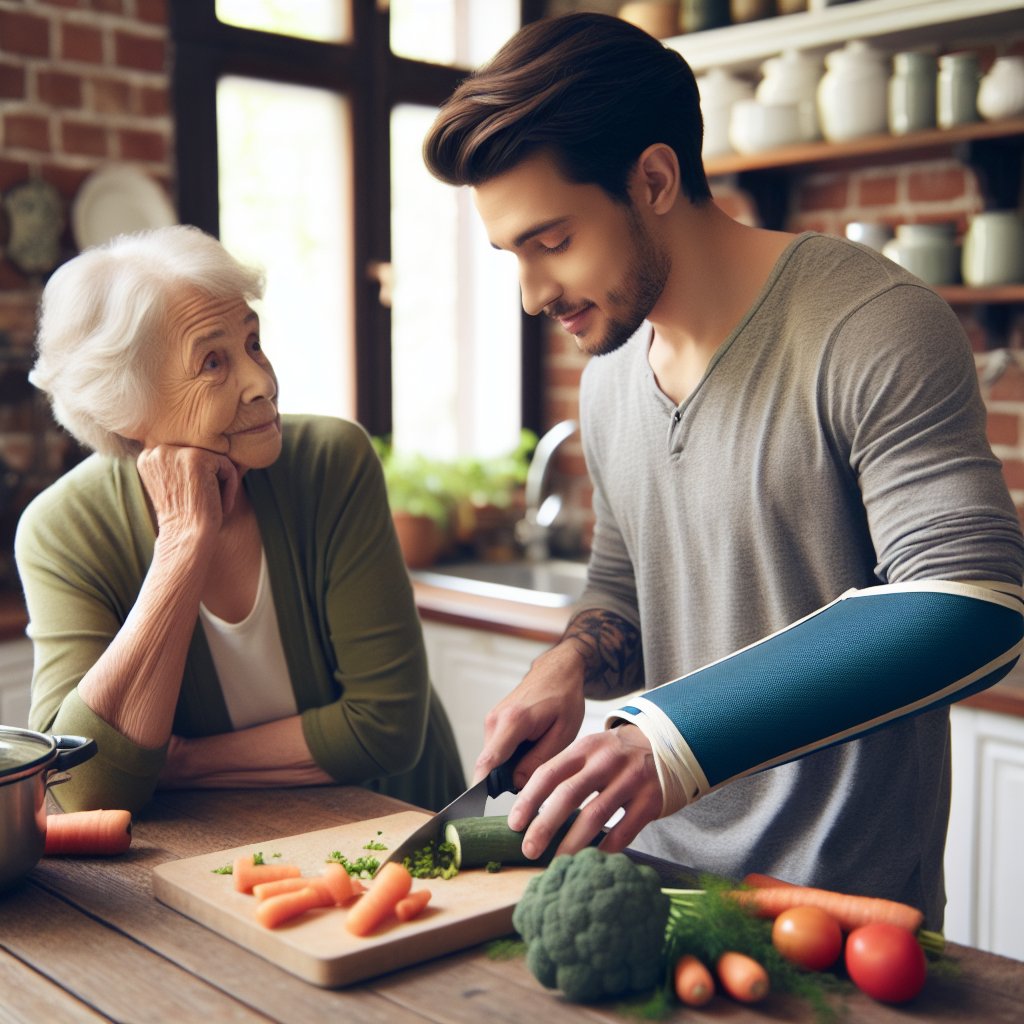 Illustration of One-Armed Guy Gets Flak for Letting Mom Chop Veggies