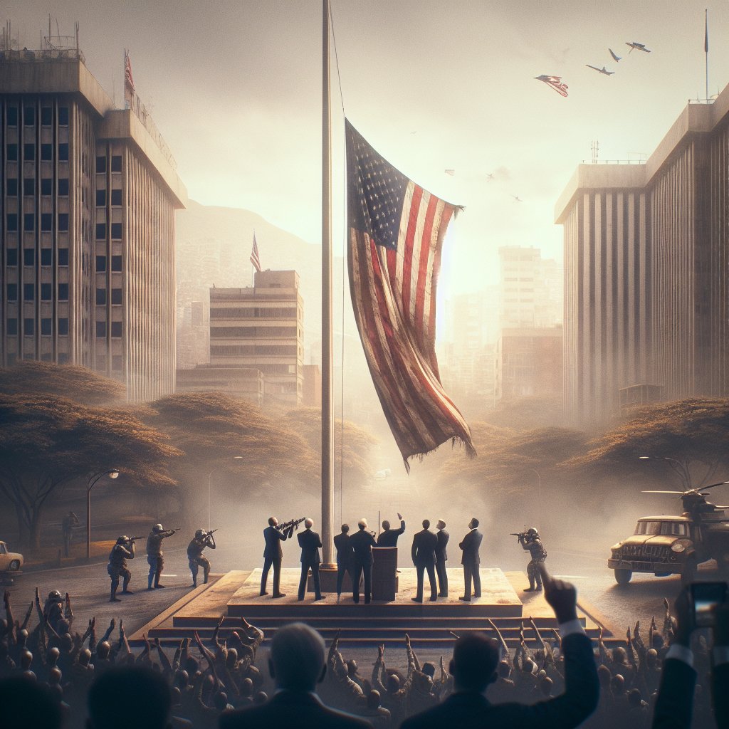Illustration of US Flag Flies Again at Caracas Embassy After 7 Years
