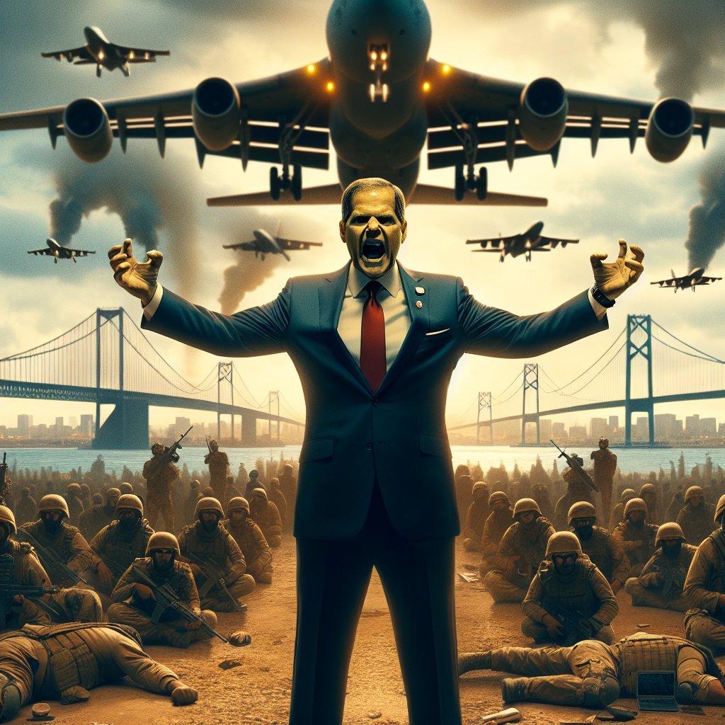 Image for: chatgpt_image_6d8112d6.jpg Illustration of Trump's Iran Threats: Bombs, Bridges, and Bluster