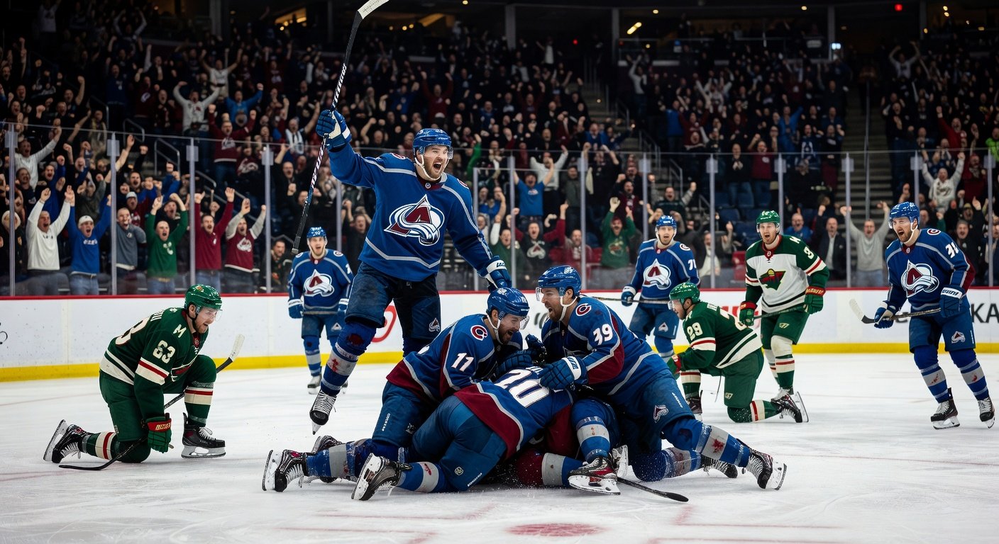 Image for: grok_image_4eeed2cf.jpg Illustration of Avs Erase 3-Goal Hole, Oust Wild in OT for West Finals