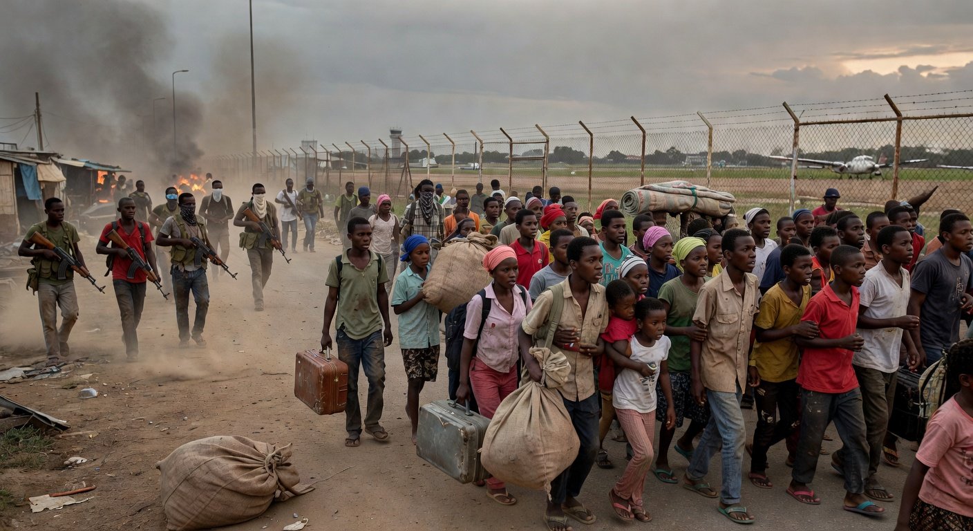 Image for: grok_image_6b0800fa.jpg Illustration of Haiti's Capital: Gang Violence Displaces Hundreds Near Airport