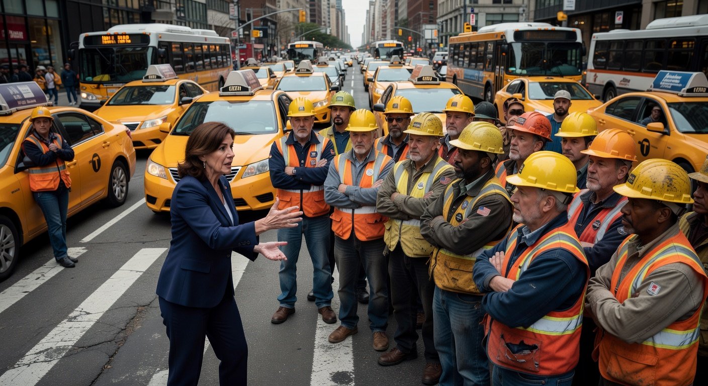Image for: grok_image_8b55c4ea.jpg Illustration of LIRR Halts: Hochul Begs Unions as Commuters Face Gridlock